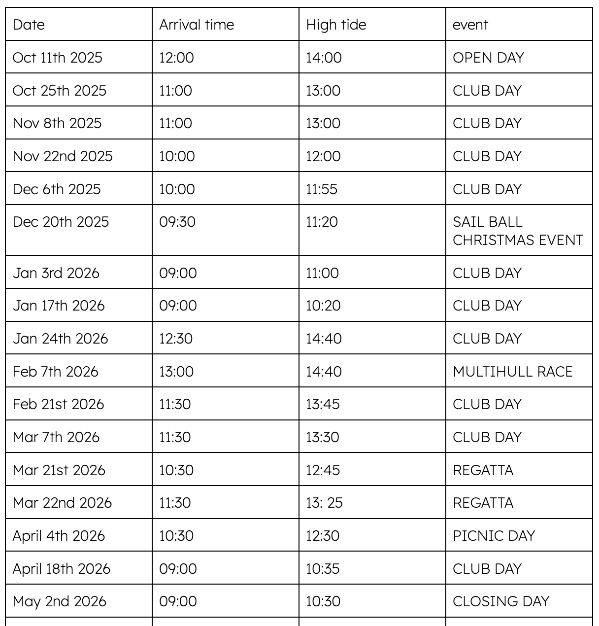 Raglan Sailing Club Calendar 2025-2026
